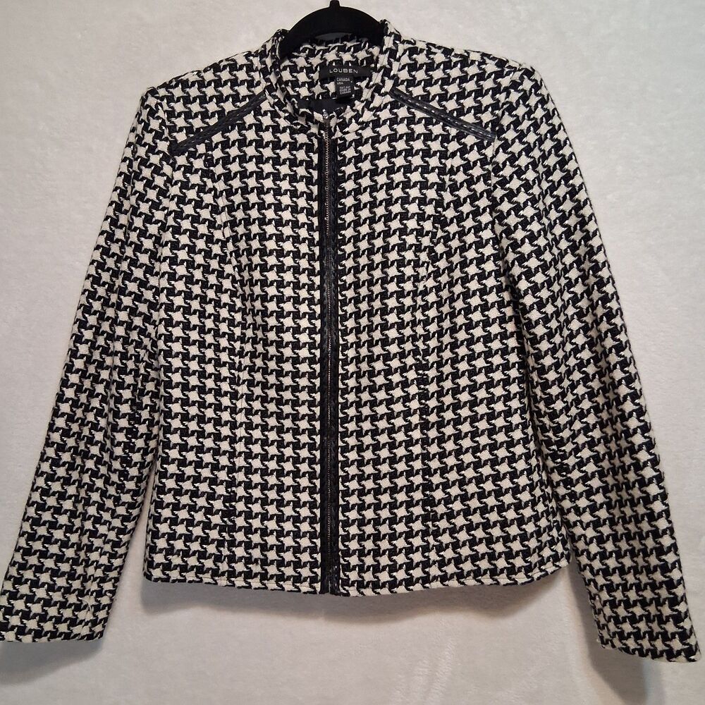 Louben 4 Jacket Houndstooth Wool Blend Tweed Full Zip Black White Classic Preppy
